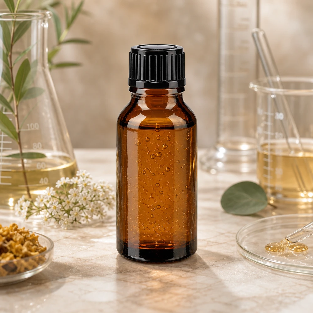 Compacte bruine glazen fles van 15 ml met zwarte dop voor etherische oliën en essences