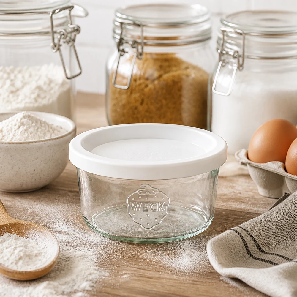 165ml stortglas met vershouddeksel WECK RR80 WECK 165ml bekers RR80 met wit deksel tussen bakingrediënten bloem en eieren op houten tafel in rustieke keuken