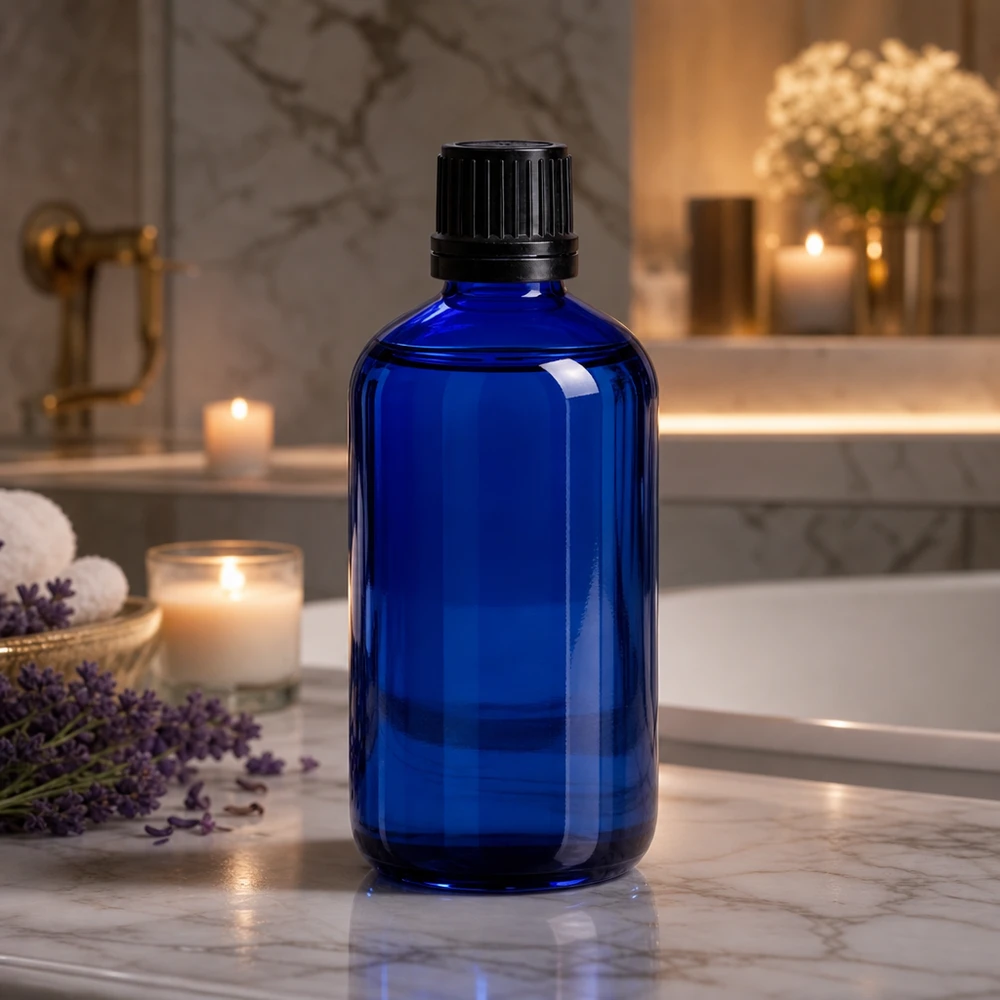Donkerblauwe glazen fles van 100 ml met een geribbelde zwarte dop voor aromatherapie en wellness