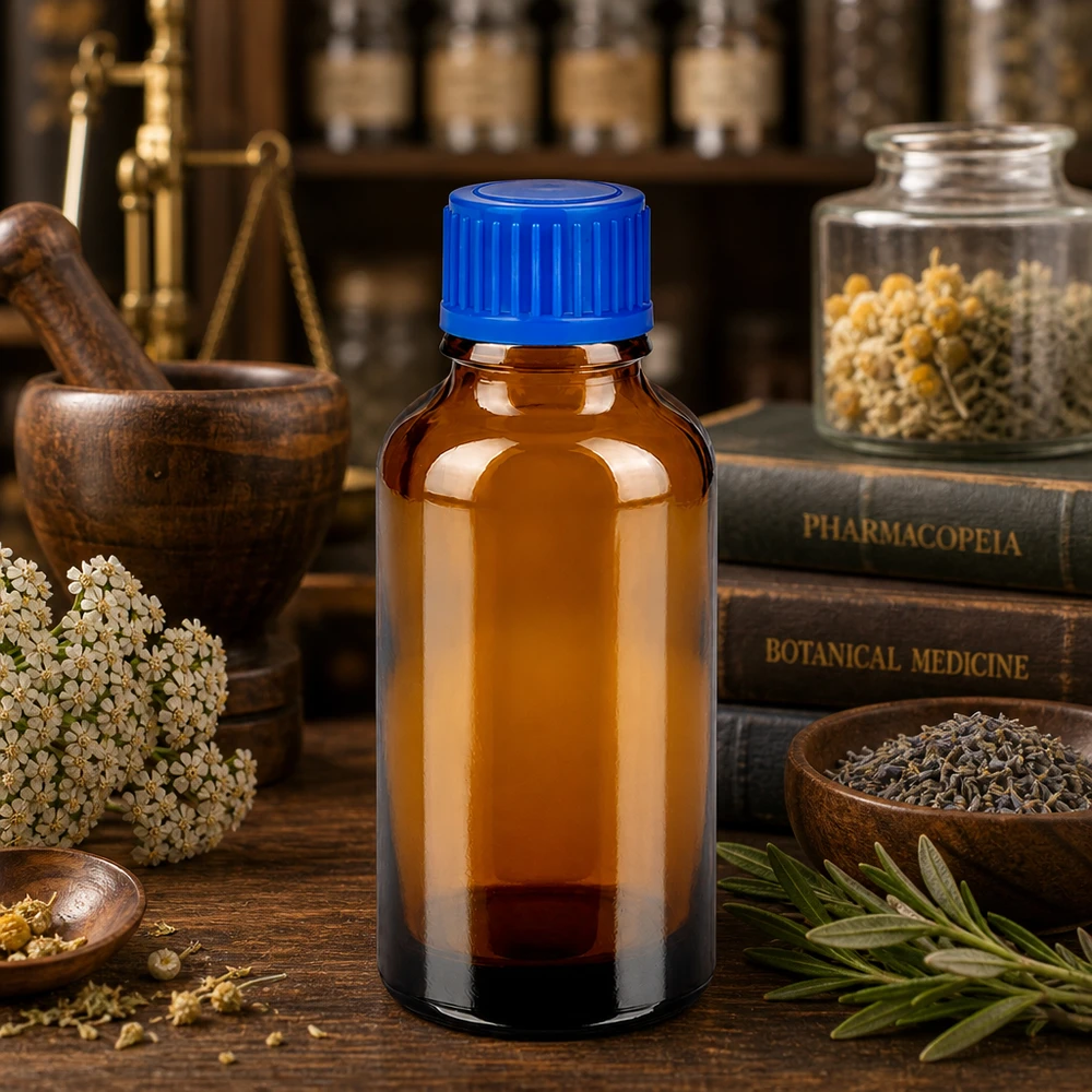 Lichtbeschermd glazen flesje van 30 ml met blauwe SV-dop, ideaal voor homeopathische geneesmiddelen