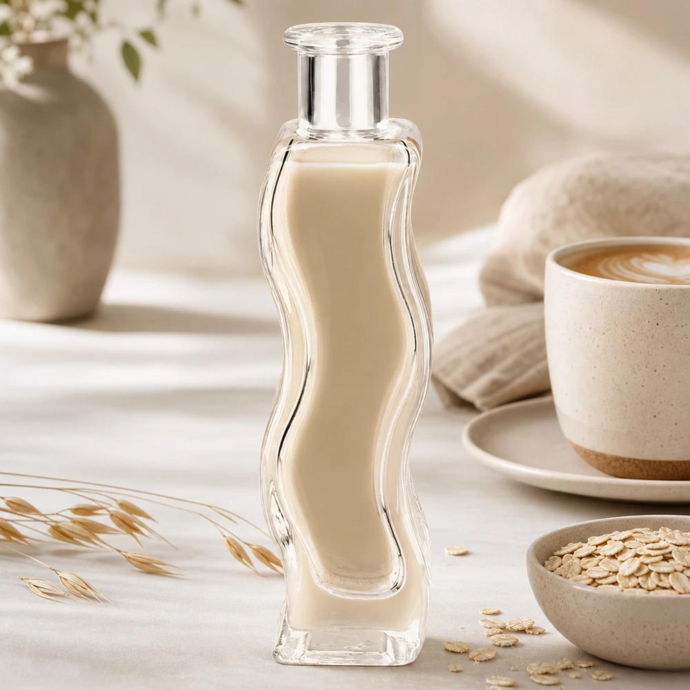 100 ml glazen fles Melissa zonder sluiting UNiTWIST® Glasflasche Melissa 100ml mit cremiger Flüssigkeit in elegantem Wellness-Setting mit Haferflocken und Kaffeetasse