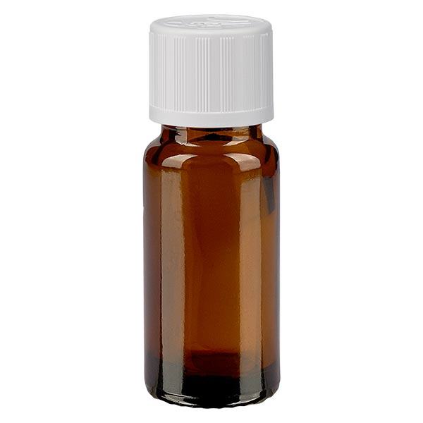 Bruine glazen fles 10ml met wit schroefsluiting kinderslot St