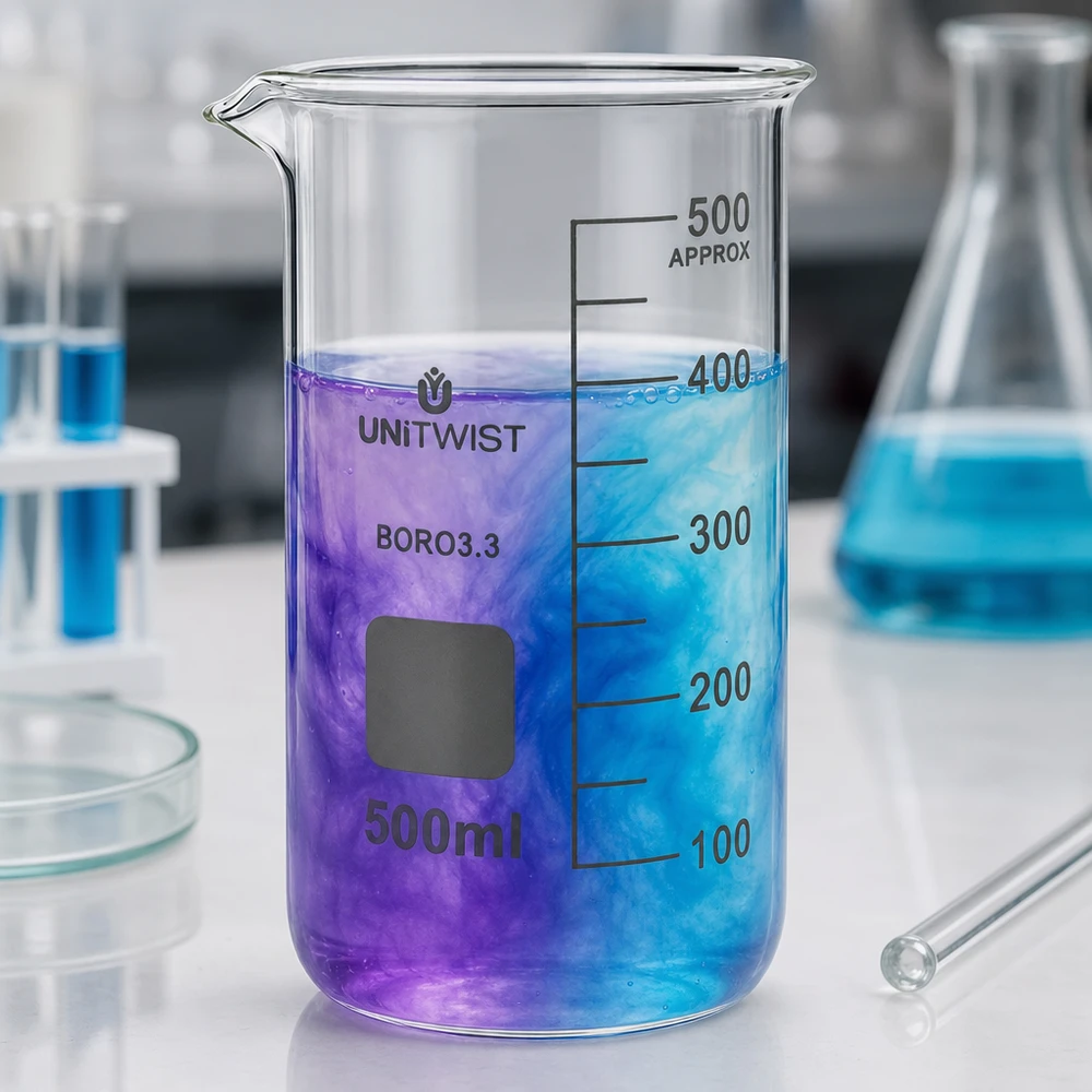 UNITWIST bekerglas, hoog model, 500 ml, naast Erlenmeyer-kolven en reageerbuisjes