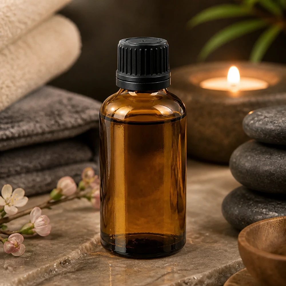 Premium glazen fles 50ml bruin met zwarte OV-dop voor laboratorium en aromatherapie