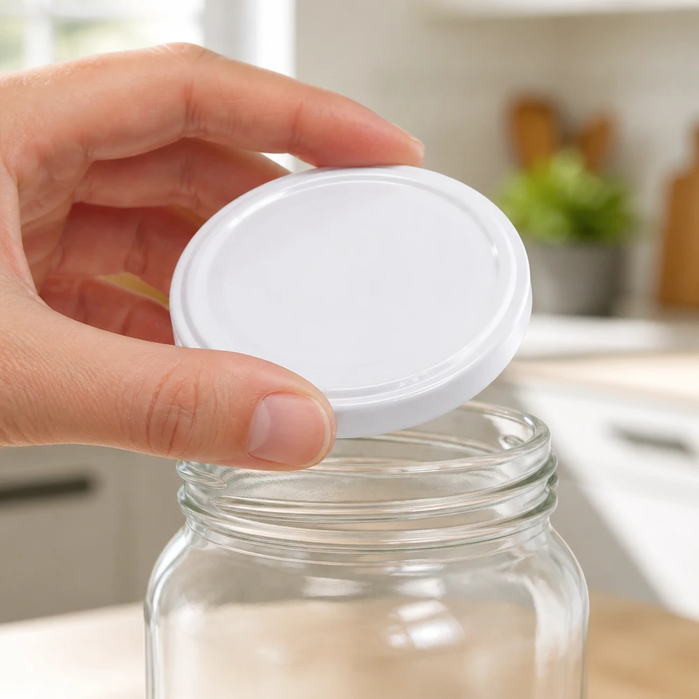 Lege inmaakpot met wit TO58 BioSeal-deksel in de hand van een vrouw, met een keuken op de achtergrond