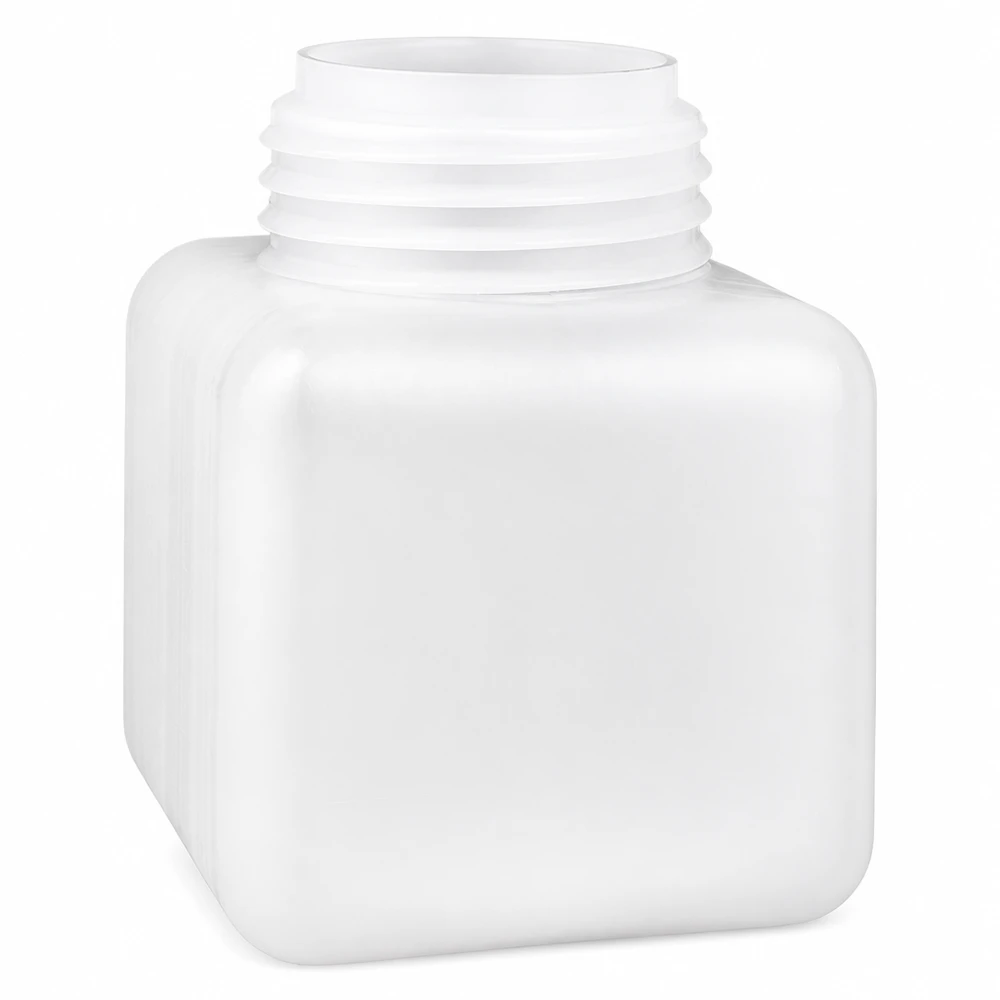 Doorzichtige PE-HD-fles voor chemicaliën, 500 ml, vierkant, naturelkleurig, met brede schroefdop