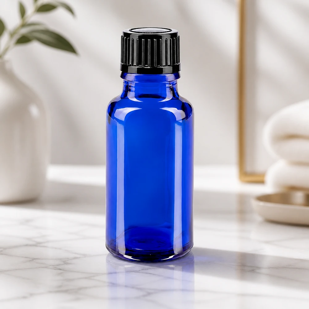 Blauwe glazen flessen 20ml met zwart druppelsluiting 1mm St 20 ml druppelflesje, blauw STD, met zwarte doseerdop voor laboratoriumtoepassingen