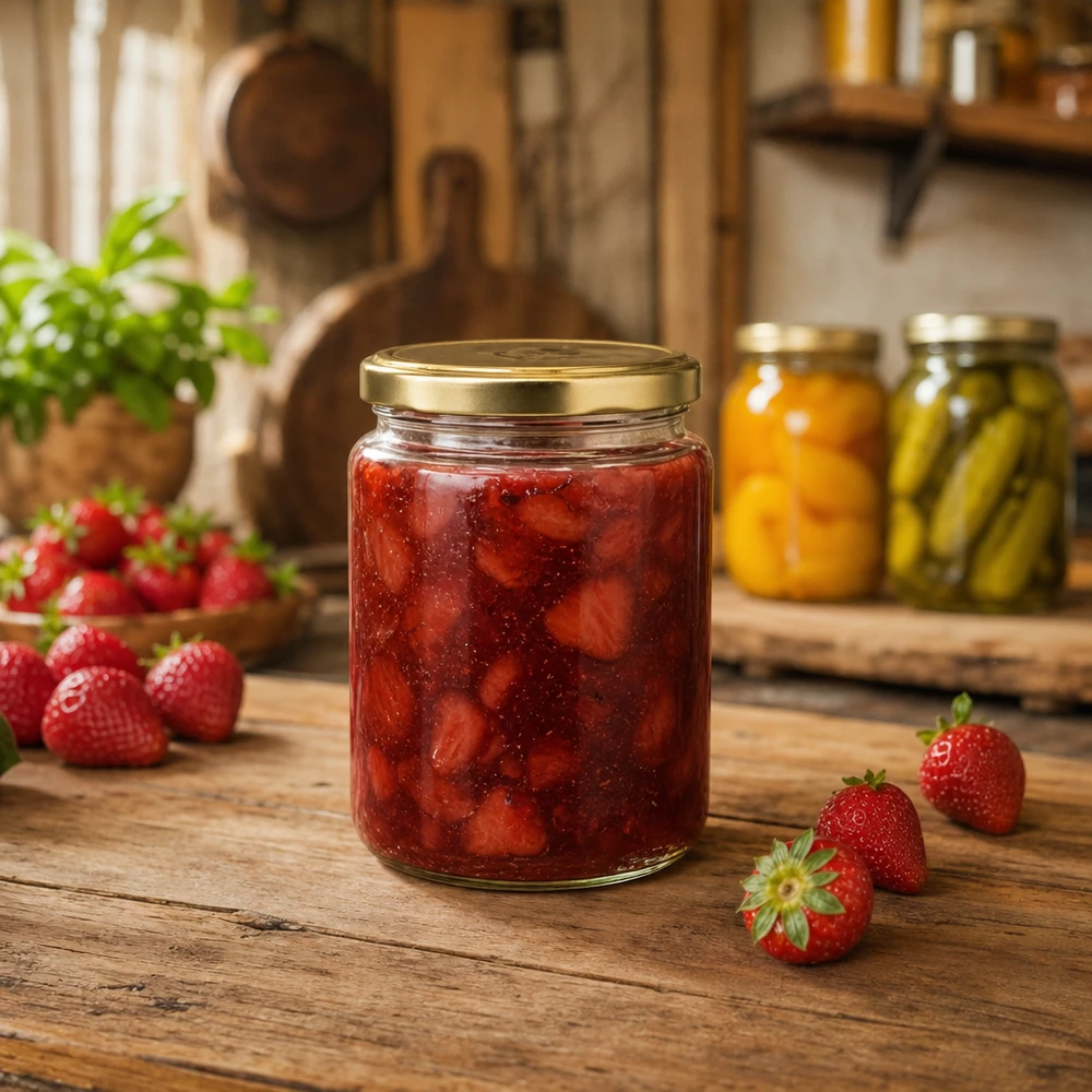 450g honingpot met gouden deksel gevuld met aardbeienjam in rustieke keuken BasicSeal pot voor fruitspreads