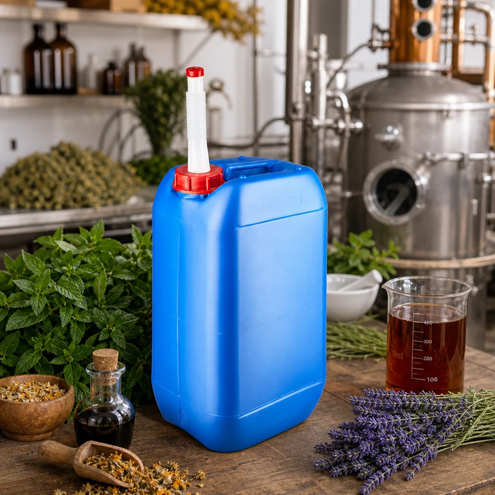 Canister 15 liter blauw met flexibele uitloop Blauwe jerrycan van 15 liter met rode schroefdop en flexibele schenktuit voor plantenextracten