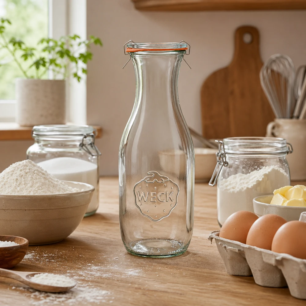 WECK sapfles 1062ml RR60 leeg in rustieke keuken met bakingrediënten bloem eieren en keukengerei