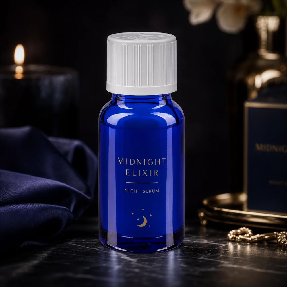 Kleine blauwe apothekersfles met kindveilige witte dop in een luxueuze nachtelijke setting