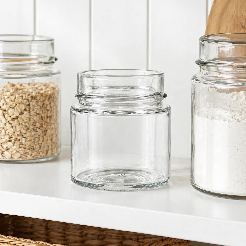 UNiTWIST Runda135 ronde glazen pot 135ml TO58deep lege glazen pot voor keukenopslag naast gevulde voorraadpotten