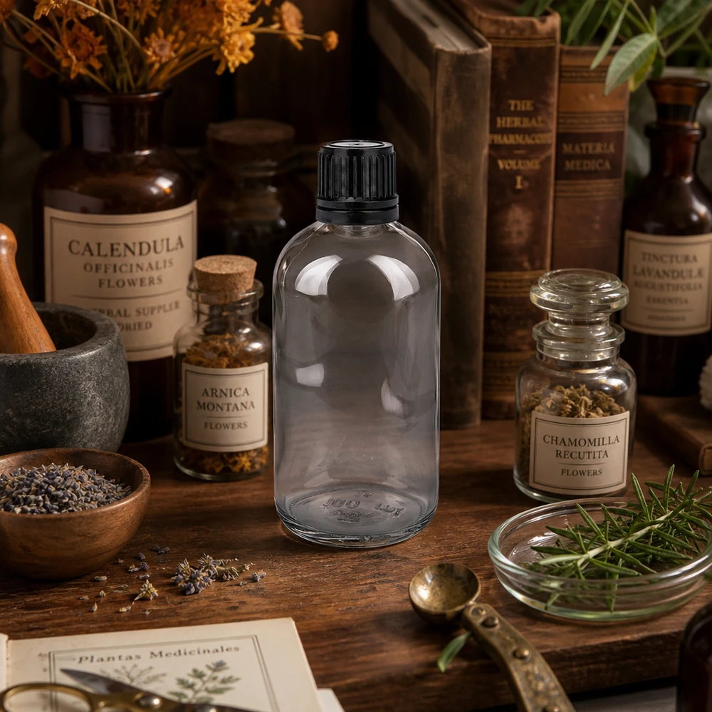 Apothekersflesje van 100 ml, helder glas met schroefdop, te vinden bij geneeskrachtige kruiden en homeopathische benodigdheden
