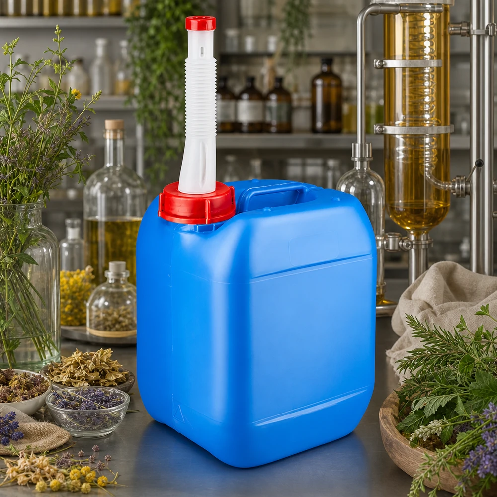 Stevige voorraadkan van 5 liter in blauw met een handige flexibele slang voor etherische oliën