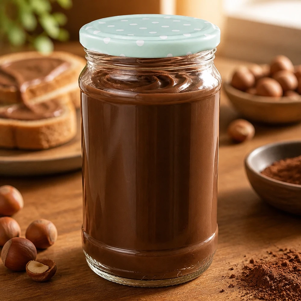 Chocoladepasta in een rond UNiTWIST-glazen potje van 370 ml met een mintgroene BasicSeal-deksel, naast hazelnoten