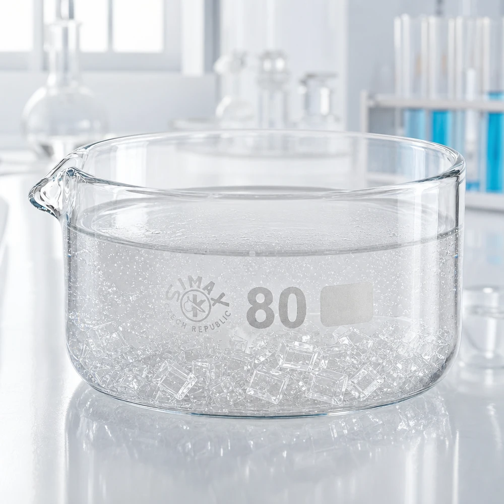Kristalliseerschaal 150ml met schenktuit Doorzichtige laboratoriumschaal met een diameter van 80 mm, voorzien van een uitgietopening en zichtbare kristallen op de bodem van de schaal