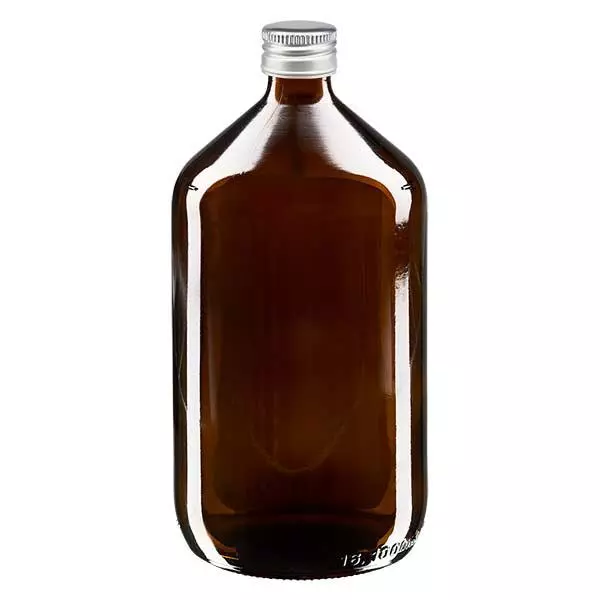1000 ml Euro-medicijnfles bruin met zilveren schroefsluiting 1000 ml Euro-medicijnfles bruin met zilveren schroefsluiting