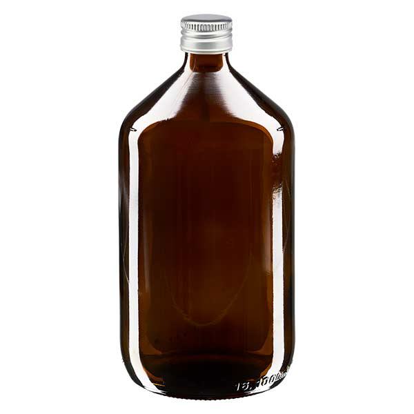 1000 ml Euro-medicijnfles bruin met zilveren schroefsluiting 1000 ml Euro-medicijnfles bruin met zilveren schroefsluiting