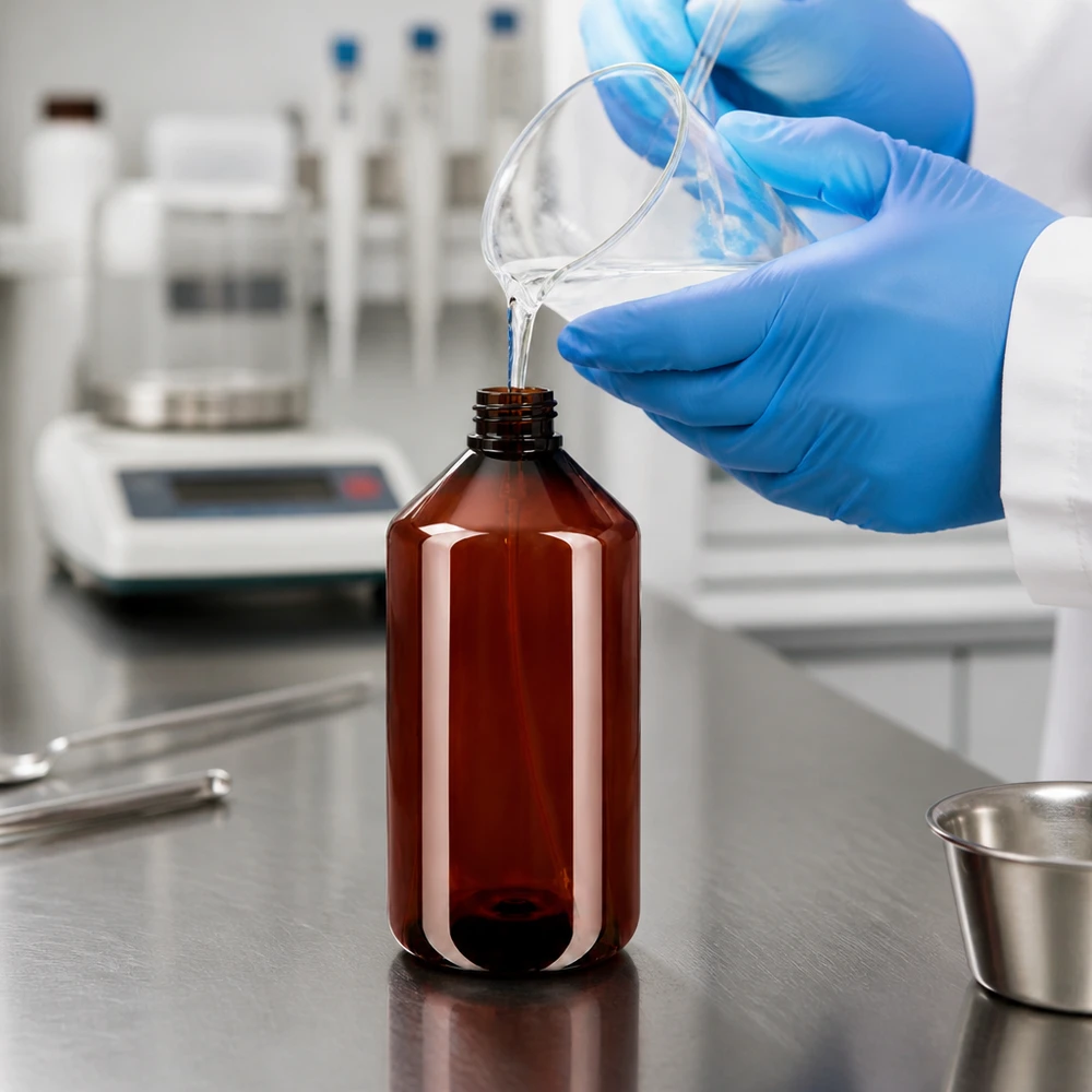 500 ml PET medicijnfles met verstuiver zwart GCMI 28/410 incl. dop transparant, standaard Schmalhalsige 500ml PET Flasche in Bernsteinfarbe auf Edelstahloberfläche im Reinraum