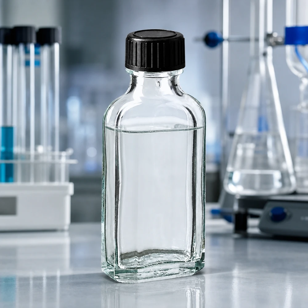 50 ml witte meplatfles met DIN 22 monding, inclusief schroefsluiting DIN 22 zwart van EPE Kleine rechthoekige Meplat-fles van 50 ml, transparant, met vloeibare inhoud en veiligheidssluiting