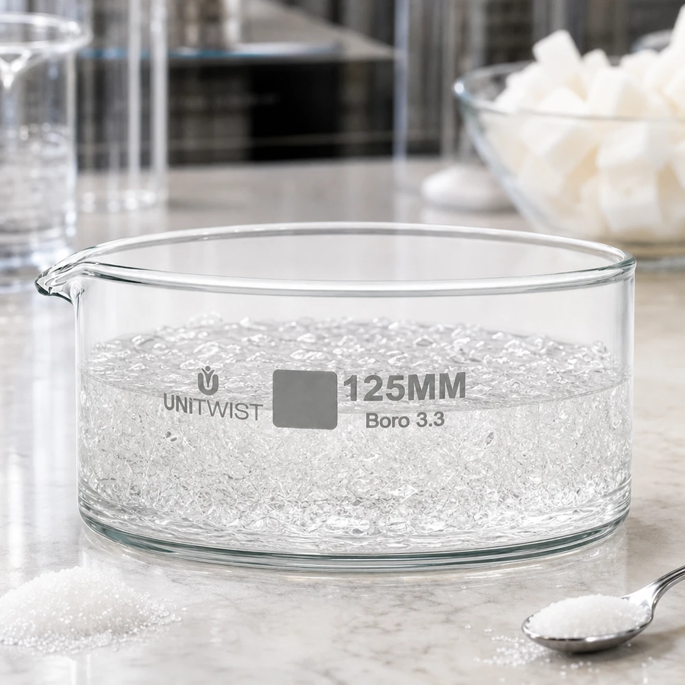 Kristalliseer schaal ø125mm borosilicaatglas UNiTWIST Kristallisatieschaal 125 mm UNiTWIST gevuld met witte kristallen, naast suikerklontjes en een lepel