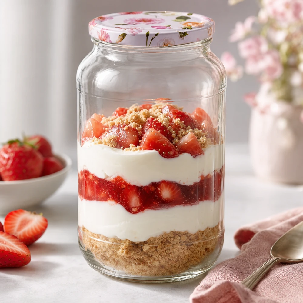 Gelaagd dessert in een ronde pot van 1062 ml met roze bloemdeksel Aardbeien Crème Biscuitbodem BasicSeal-dop Dessert