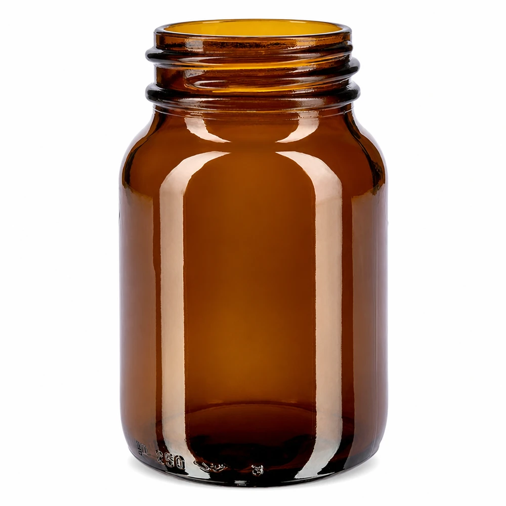 Amberglazen wijdhalsfles van 250 ml met grote opening voor gemakkelijk vullen