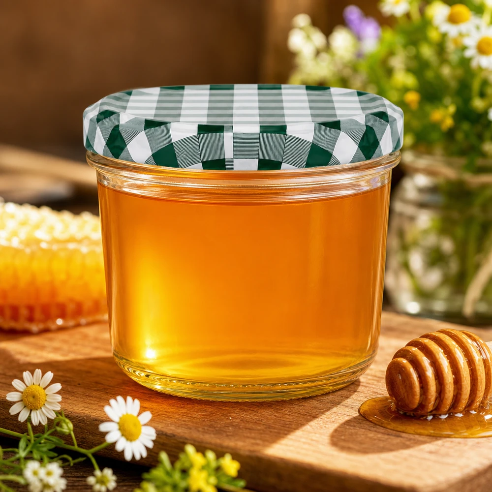 230 ml bekers gevuld met honing Honingpot BasicSeal deksel groen-wit geblokte honingdipper Houten bord decoratie