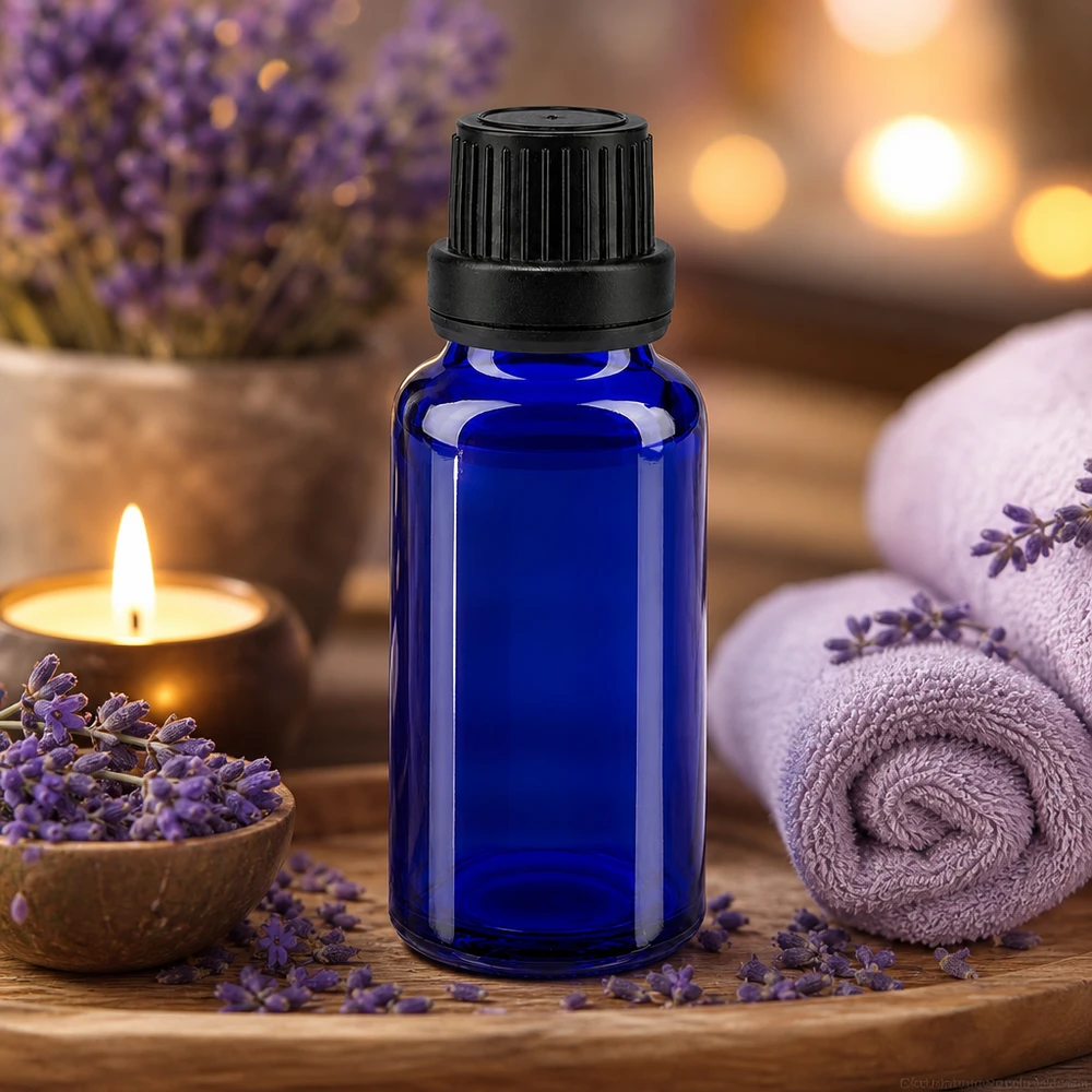 Blauwe glazen flessen 20ml met zwart druppelsluiting 2mm VR Kleine blauwe doseerfles van 20 ml van UV-bestendig glas met een druppelopening van 2 mm voor natuurlijke cosmetica