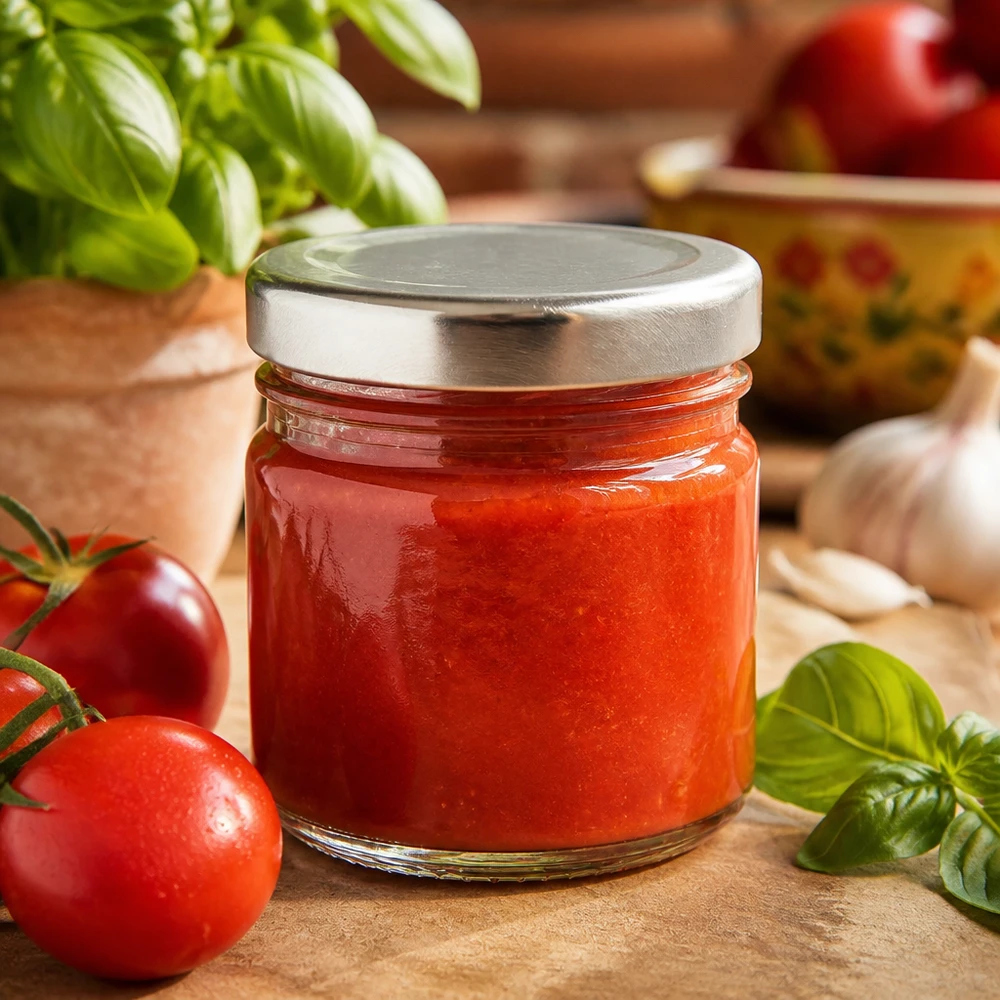 33 ml rond glas + BasicSeal-deksel zilver UNiTWIST Gevulde UNiTWIST ronde glazen pot van 33 ml met rode tomatensaus en een zilveren twist-off-deksel