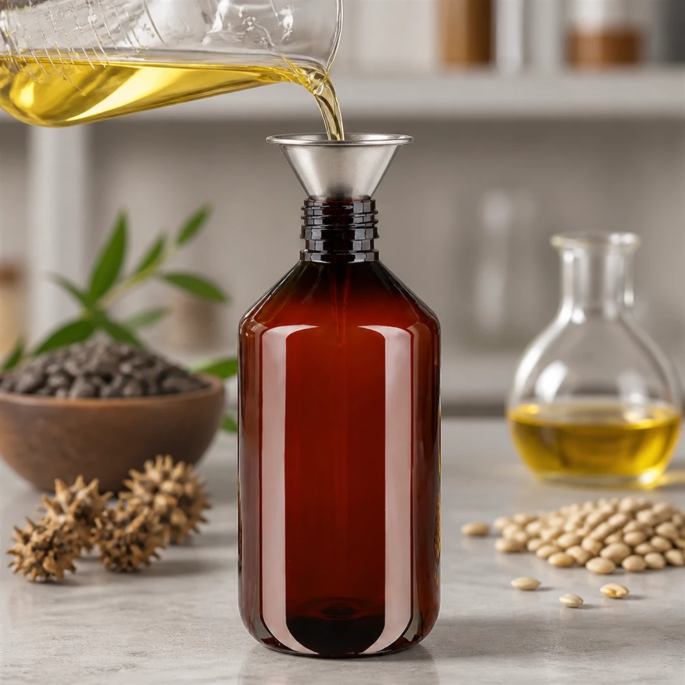 PET-fles 500ml PP28 zonder dop PET-fles van 500 ml met bruine glazen dop bij het afvullen van plantaardige olie in de keuken