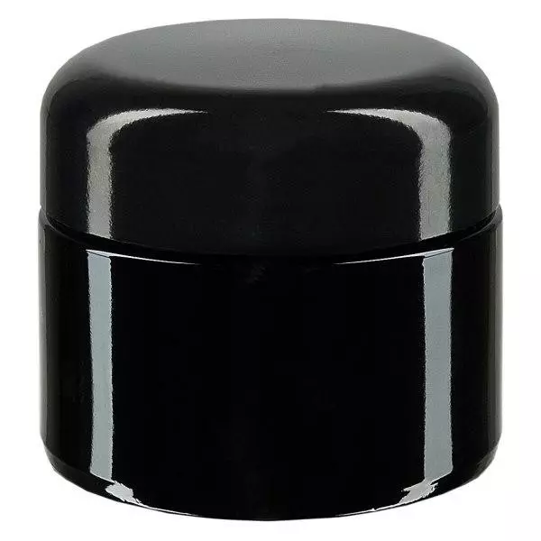 Cosmetisch potje violet glas 50ml, met zwart deksel Cosmetisch potje violet glas 50ml, met zwart deksel