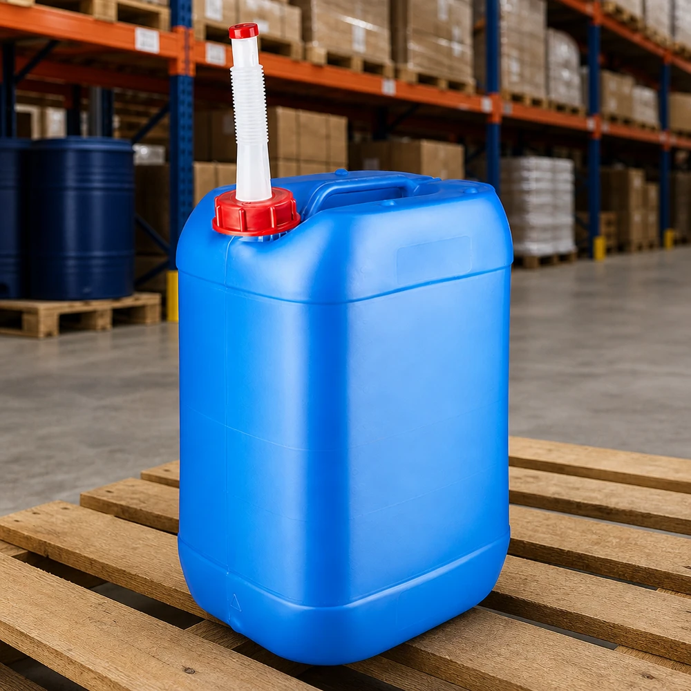 Transportkanister van 25 liter, blauw, met flexibele schenktuit en geïntegreerde draaggreep voor het vervoer van gevaarlijke stoffen