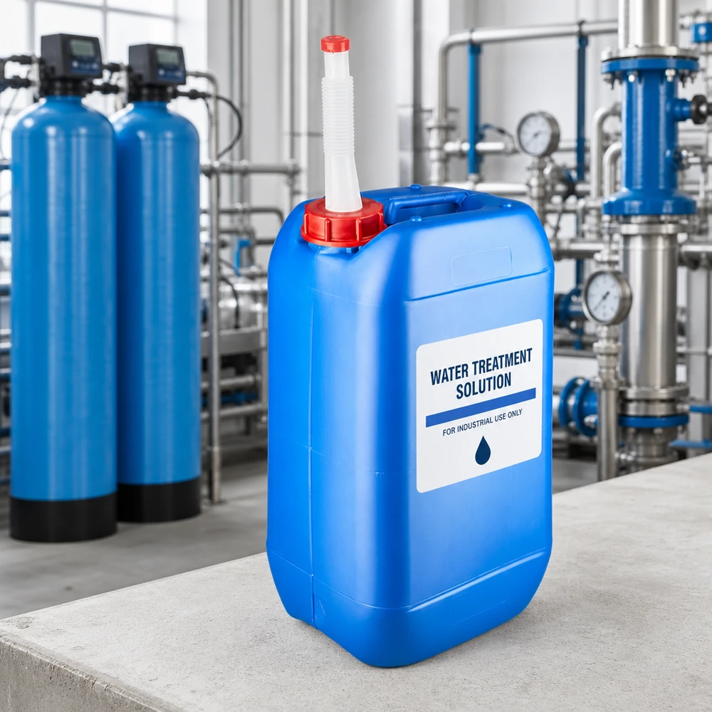 Canister 15 liter blauw met flexibele uitloop Stapelbare blauwe jerrycan van 15 liter met flexibele uitloopbuis voor waterbehandelingsmiddelen
