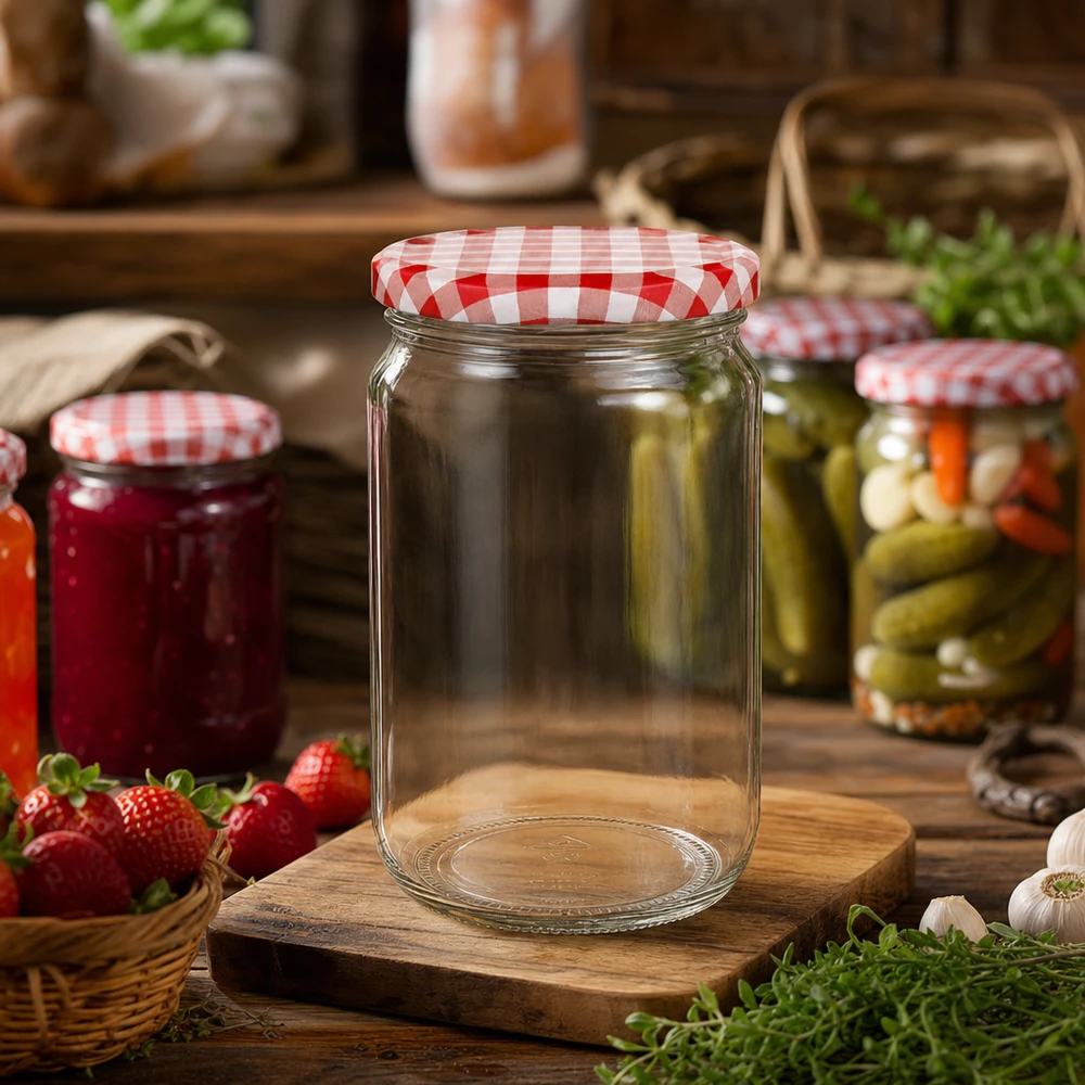 795 ml ronde pot met rood en wit deksel op een houten plank in een rustieke keuken, omringd door inmaakpotten en ingrediënten