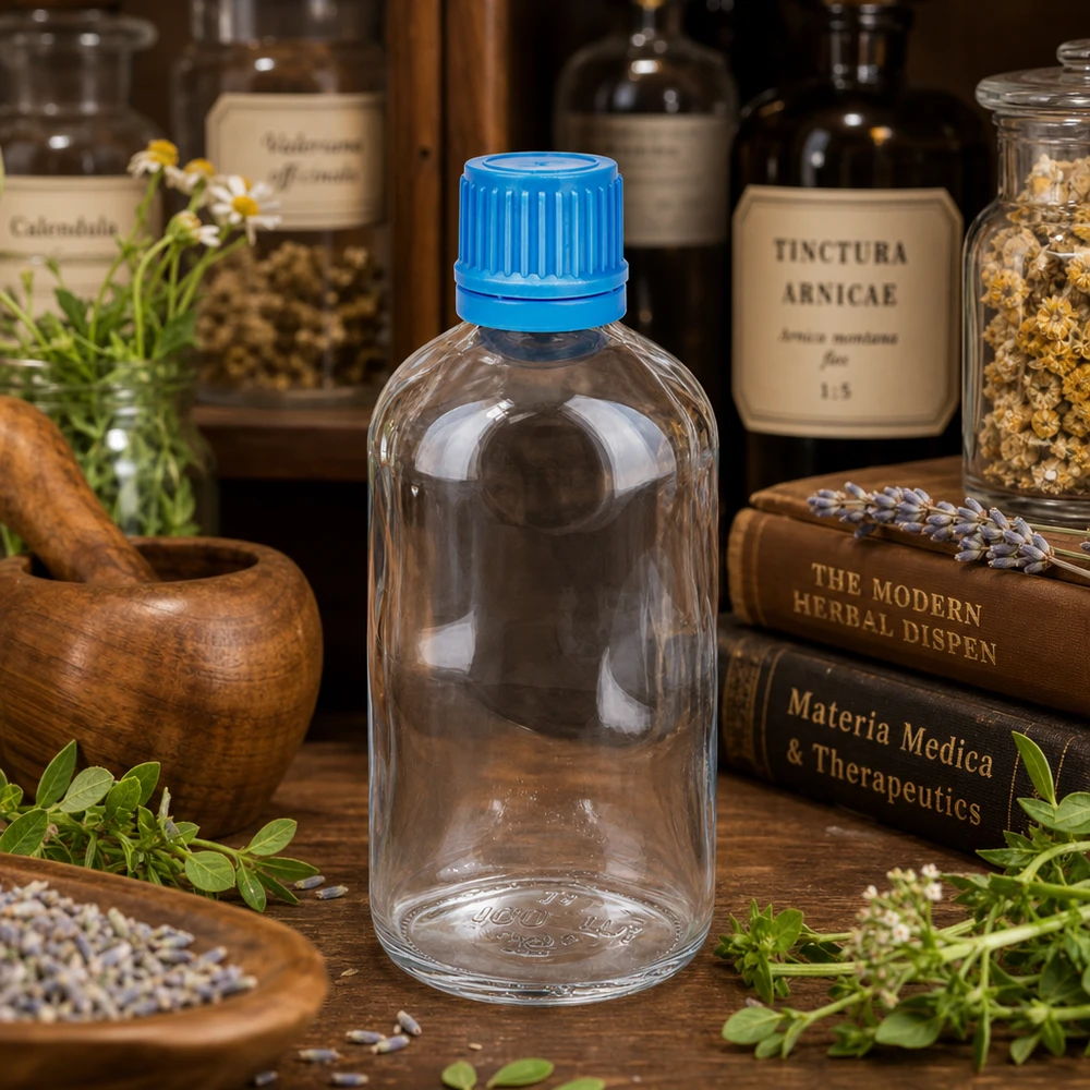 Kleine ClearLine UT18-apothekersfles van 100 ml met blauwe dop, tussen geneeskrachtige kruiden en vakliteratuur