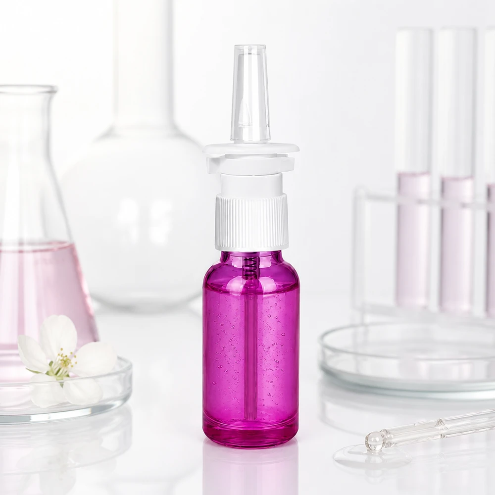 20ml neussprayfles wit/transparant standaard PurpleLine. UT18/20 Paars 20ml neussprayflesje met lekvrije dop voor hygiënisch bewaren