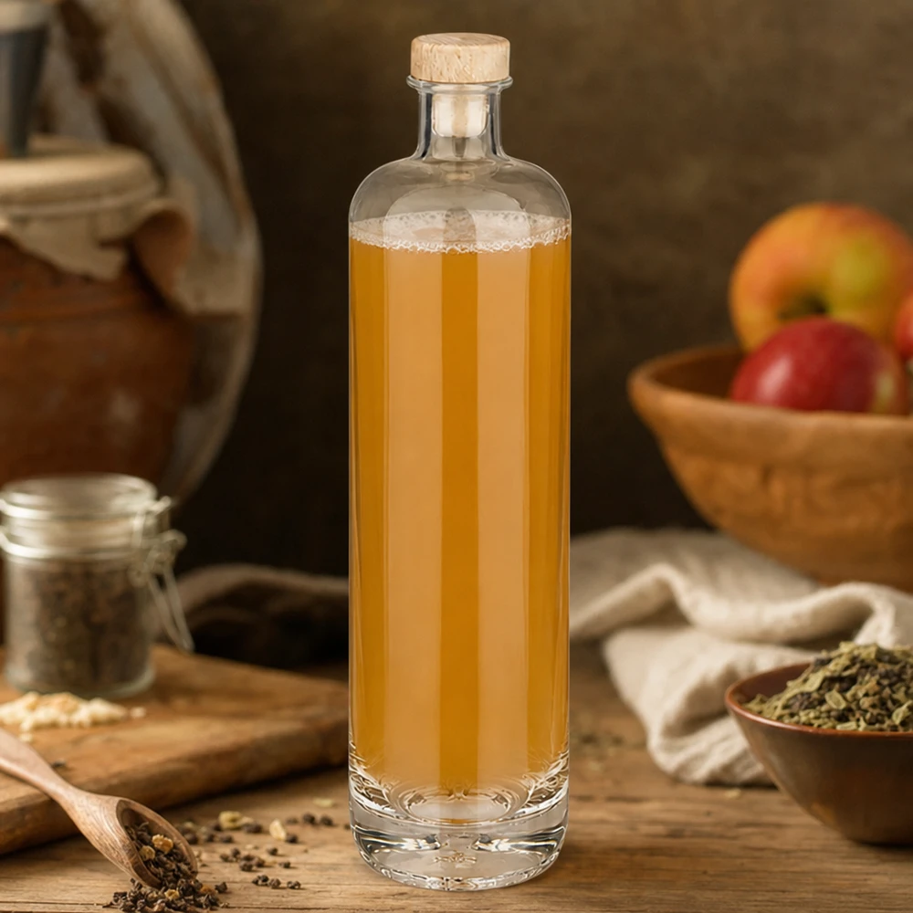 700 ml glazen fles Ella met houten handgreepkurk UNiTWIST® 700ml glazen fles Ella met gouden tinctuur en houten kurk omringd door kruiden en fruit in een rustieke keuken