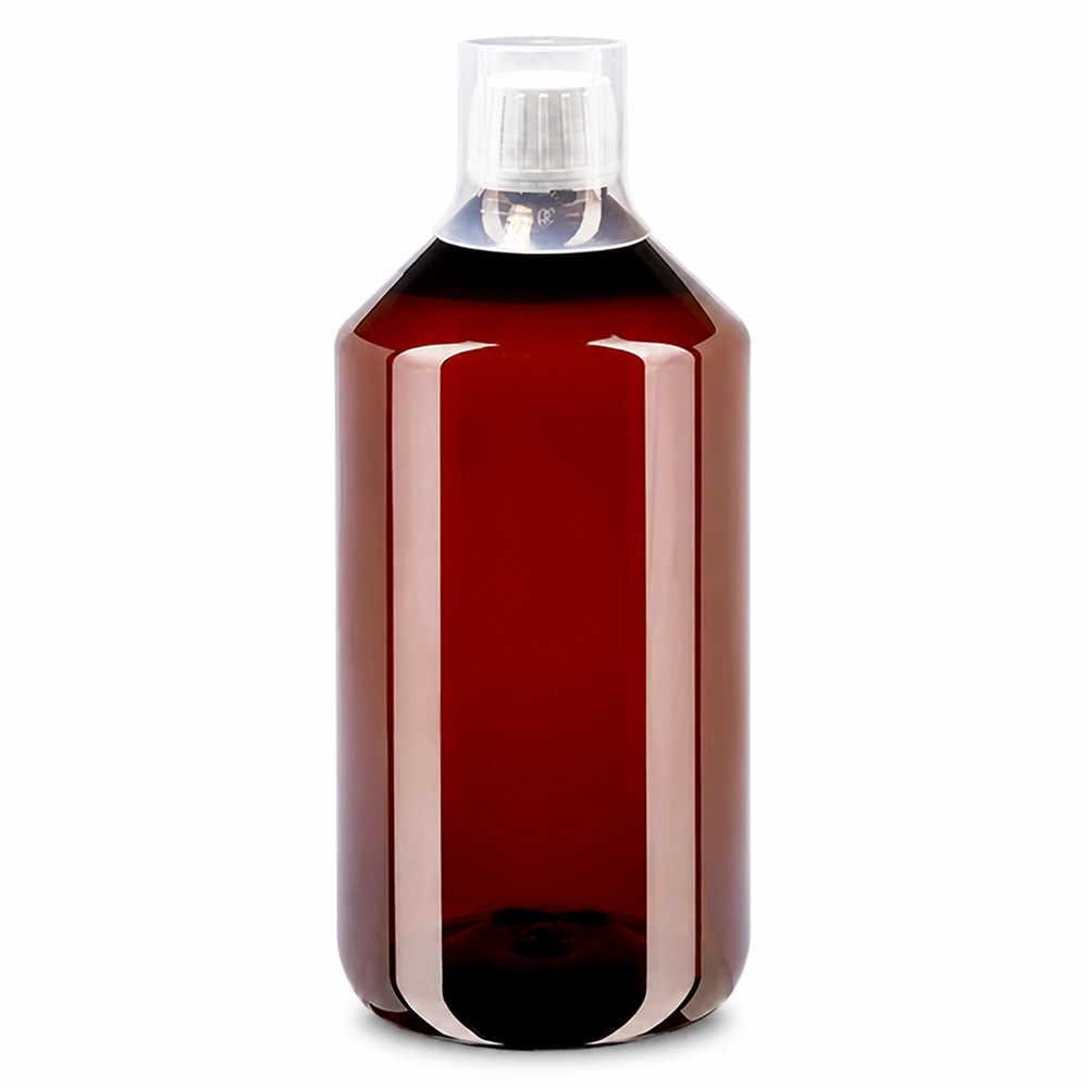 Bruine apothekersfles van 750 ml (PET) met originele dop en doseerbekertje