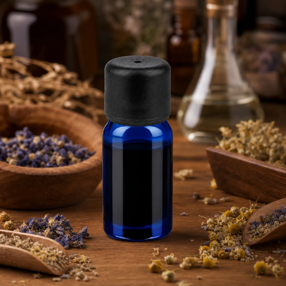 Handig 5 ml flesje van kobaltglas met zwarte schroefdop om veilig te bewaren