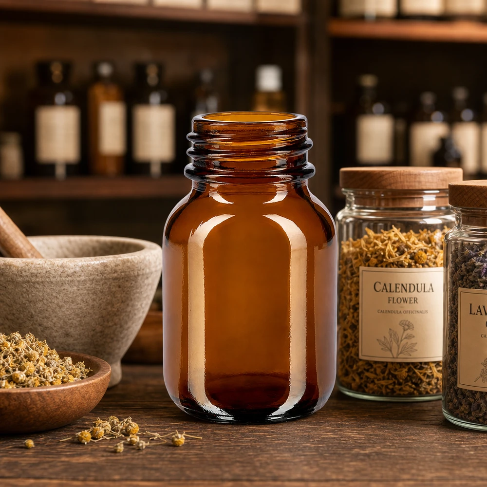 Compacte 50 ml fles met wijde hals van hoogwaardig amberkleurig glas voor apotheken en laboratoria