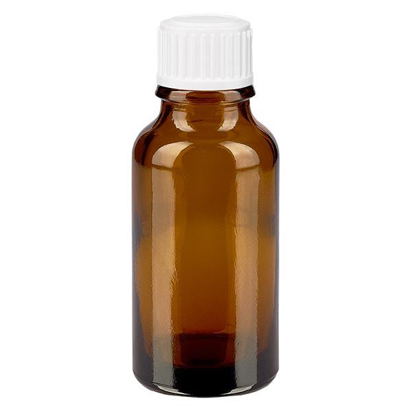 Bruine glazen fles 20ml met wit druppelsluiting 0.8mm St Bruine glazen fles 20ml met wit druppelsluiting 0.8mm St