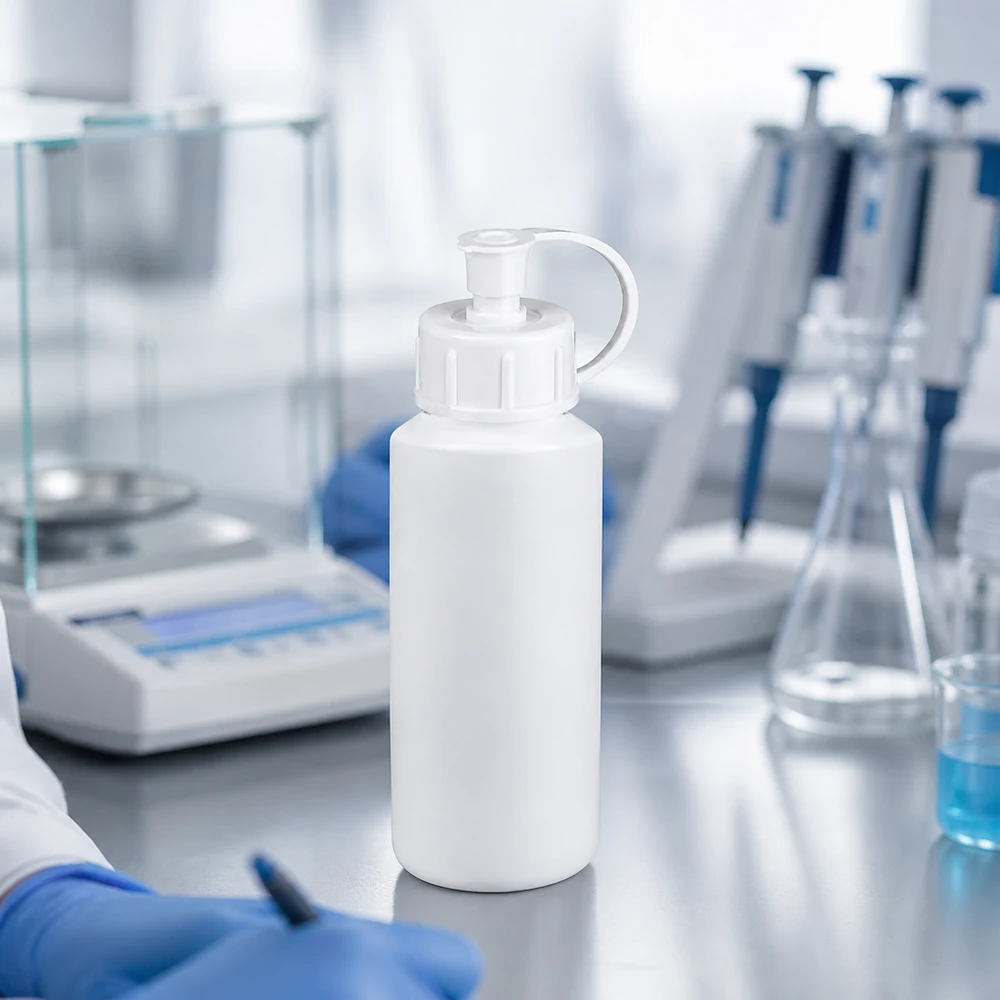 Cilindrische HDPE-apotheekfles van 30 ml, wit, met schroefdop en laboratoriumpipetten op de achtergrond