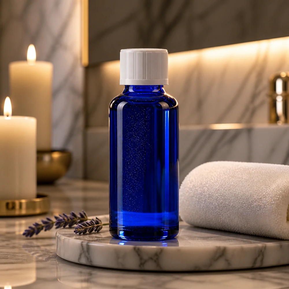 Blauwe glazen flessen 30ml met wit druppelsluiting kinderslot St Hoogwaardig blauw glazen flesje van 30 ml met precisiedruppelaar en witte dop in een wellness-omgeving