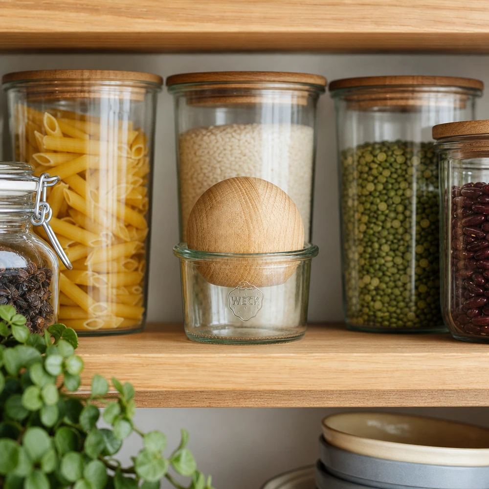 WECK tuimelschalen 200ml RR80 met houten bal op het opbergschap tussen pasta en peulvruchten, stijlvolle keukenorganisatie