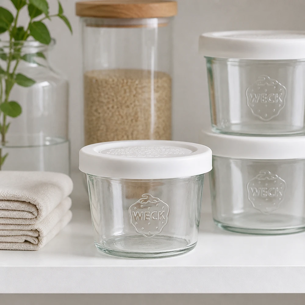 35ml stortglas met vershouddeksel WECK RR40 WECK 35ml RR40 trommels op een moderne keukenplank met andere voorraadpotten, stijlvolle opbergoplossing