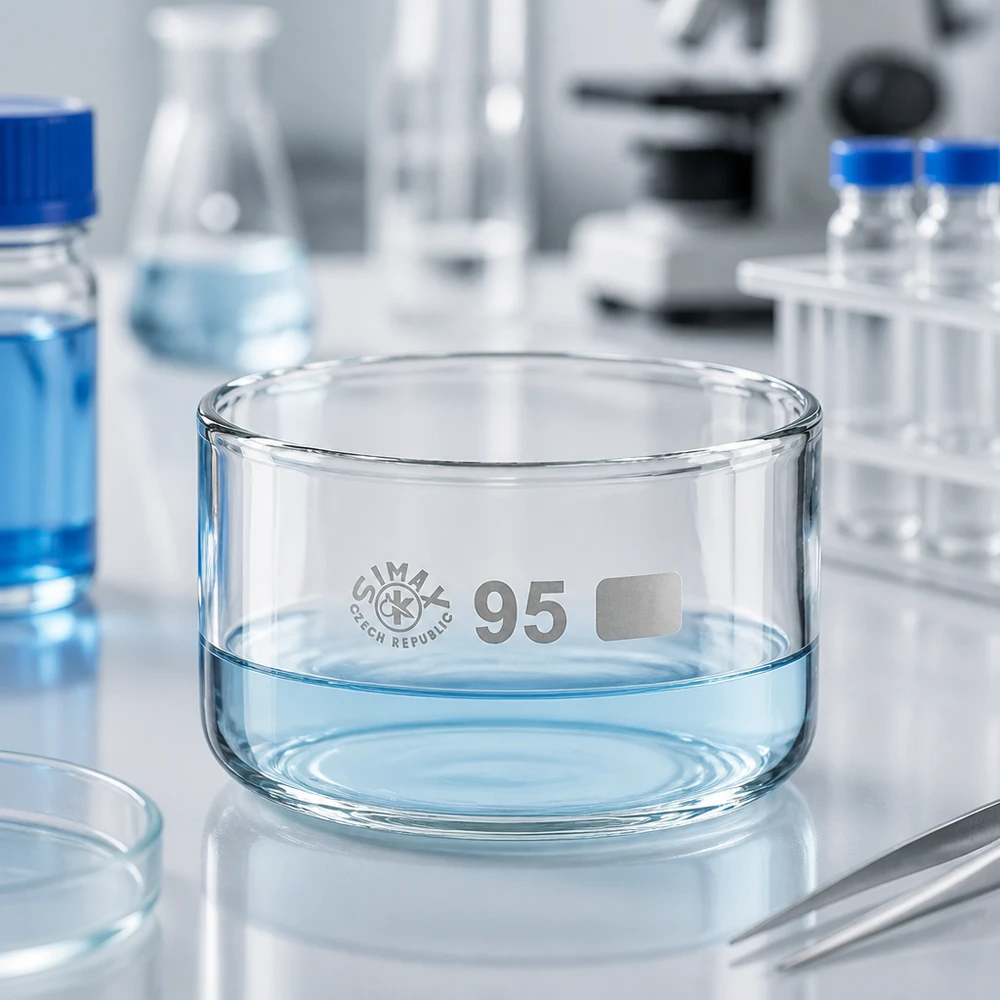 Kristalliseerschaal 300ml zonder schenktuit Laboratoriumbenodigdheden: kristallisatieschaal 300 ml van borosilicaat, naast Erlenmeyer-kolven en laboratoriumflessen