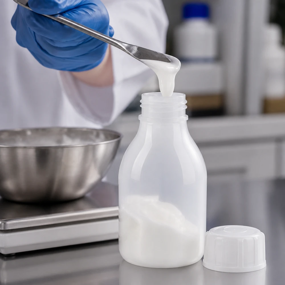 Nauwe hals laboratoriumfles 30ml met schroefsluiting Een met een handschoen beschermde hand doseert een halfvaste stof nauwkeurig in een kunststof laboratoriumflesje van 30 ml
