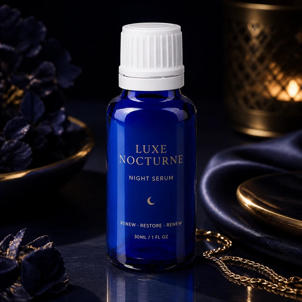 Blauwe glazen apothekersfles met een witte schroefdop, naast gouden accessoires en donkere bloemen