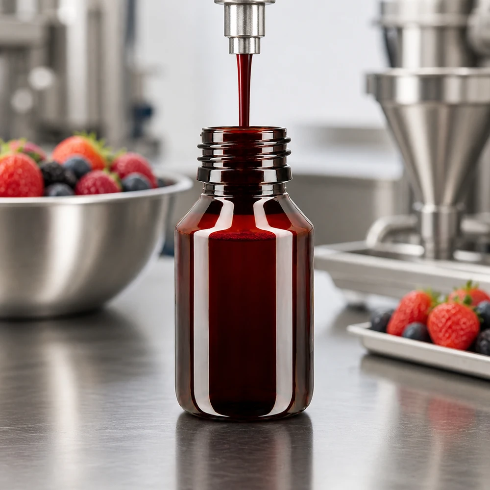 PET-fles 50ml PP28 zonder dop PET-flesje van 50 ml met PP28-schroefdraad bij machinale afvulling met donker vruchtensap (aardbeien)